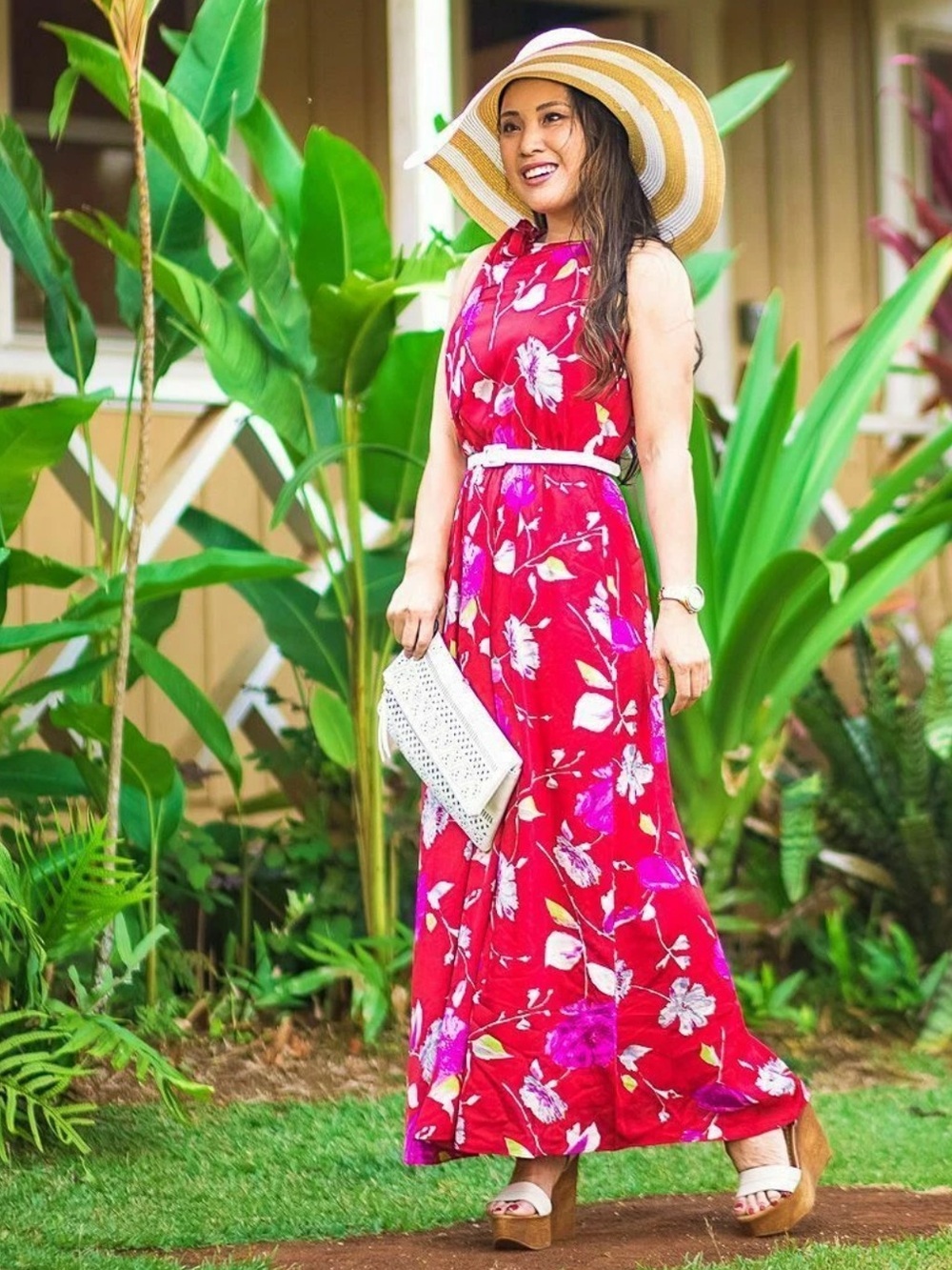 Banana Republic Red Floral Tie-Neck Maxi Dress